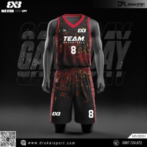 Đồng phục bóng rổ đen đỏ mã 00031 - Thiết kế tribal mạnh mẽ, chất liệu thể thao cao cấp