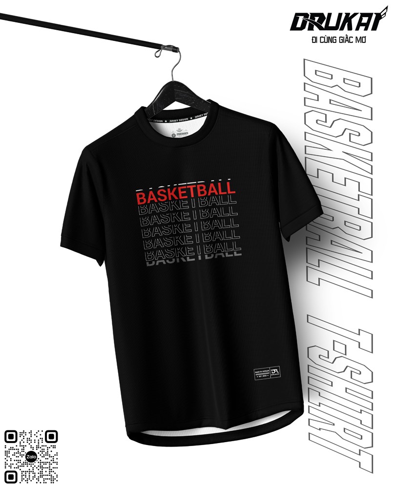 Áo thun thể thao DRUKAI đen tuyền chữ BASKETBALL đỏ xám