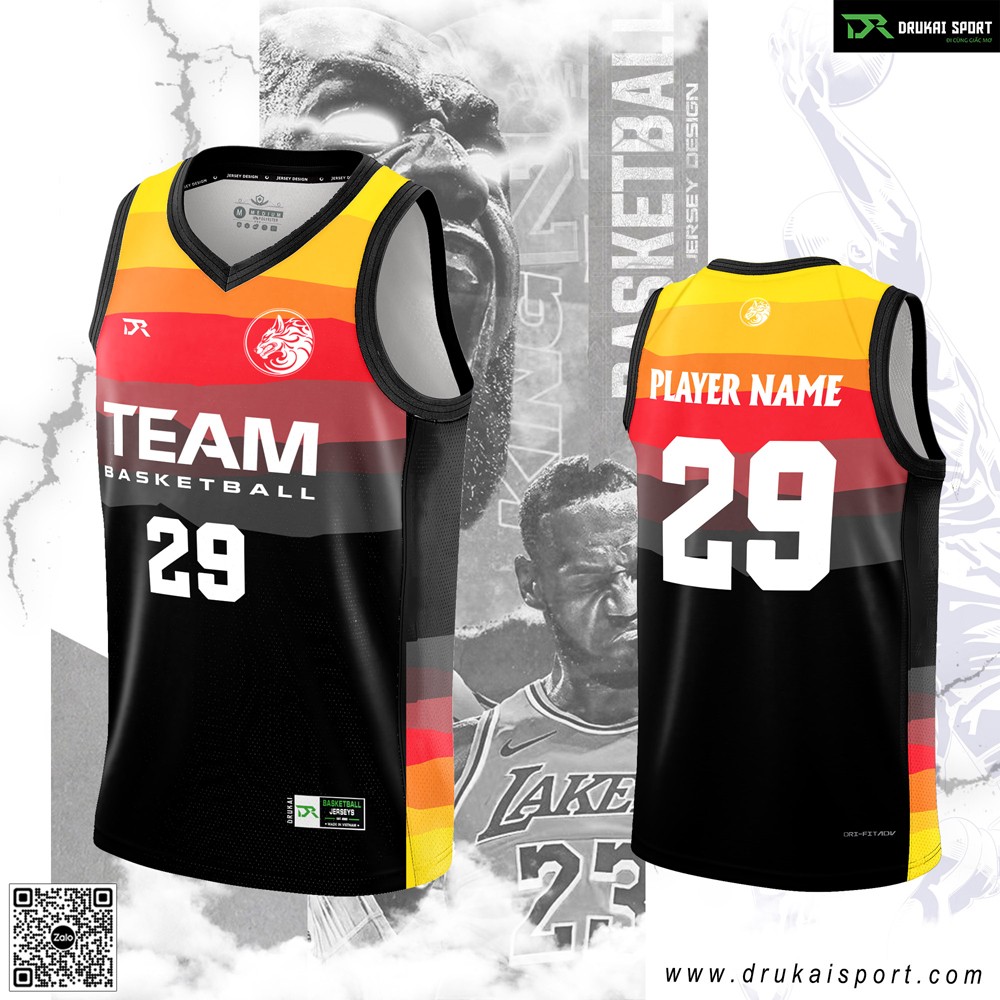 Áo bóng rổ đen phối màu cam đỏ năng động, mẫu 141 Drukai Sport