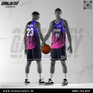 Đồng Phục Bóng Rổ Mẫu 173 – Xanh Dương Đậm Họa Tiết Loang Hồng Neon