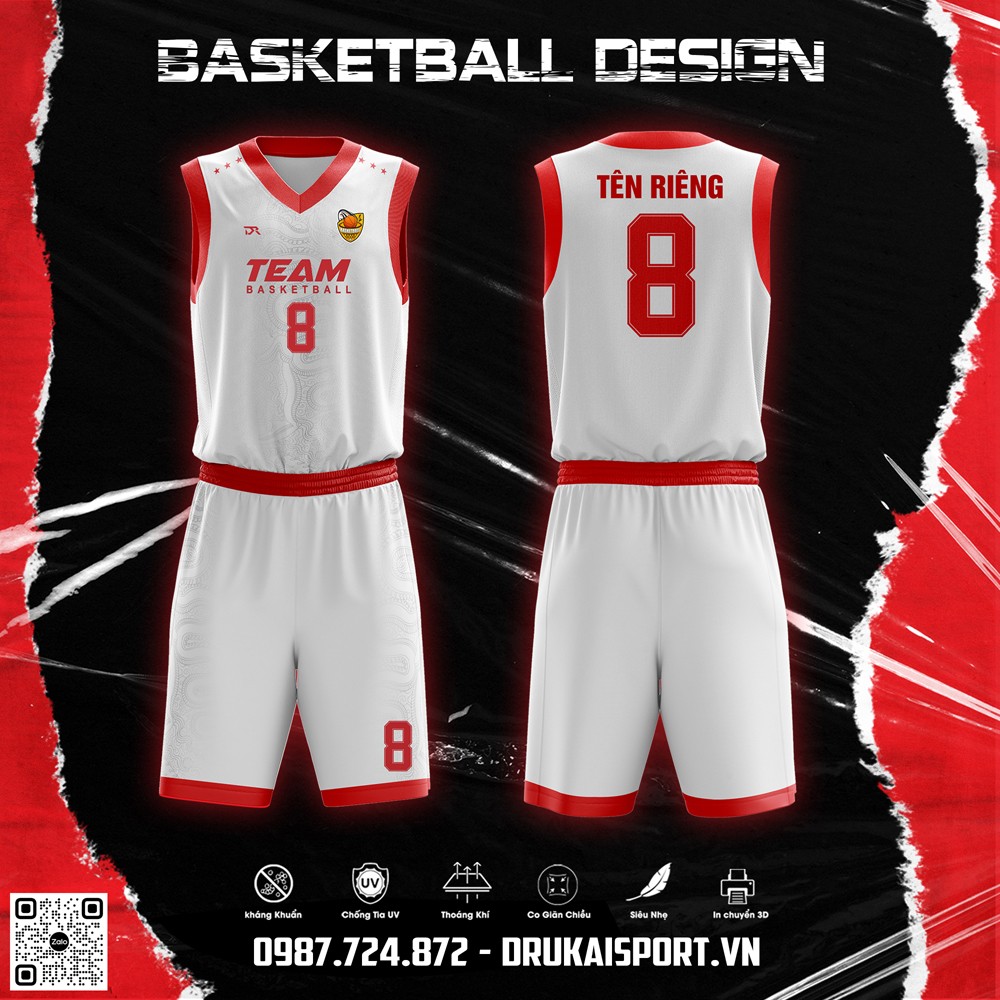 Đồng phục bóng rổ màu trắng viền đỏ mẫu 54 - Drukai Sport