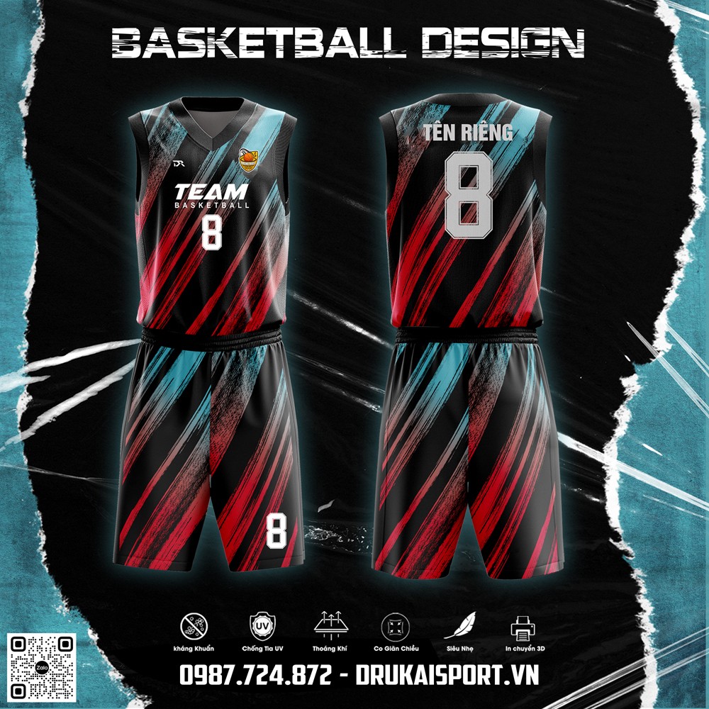 Bộ quần áo bóng rổ màu đen phối đỏ và xanh ngọc – Mẫu 67 từ Drukai Sport