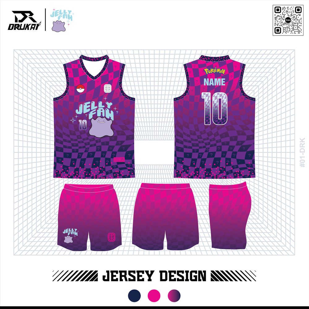 Áo thể thao Jelly Fam màu tím gradient kết hợp hồng neon, họa tiết hiện đại