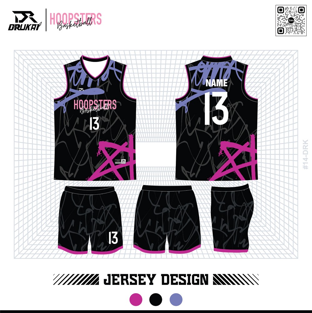 Đồng phục bóng rổ HOOPSTERS phối màu đen tím hồng với họa tiết graffiti nghệ thuật