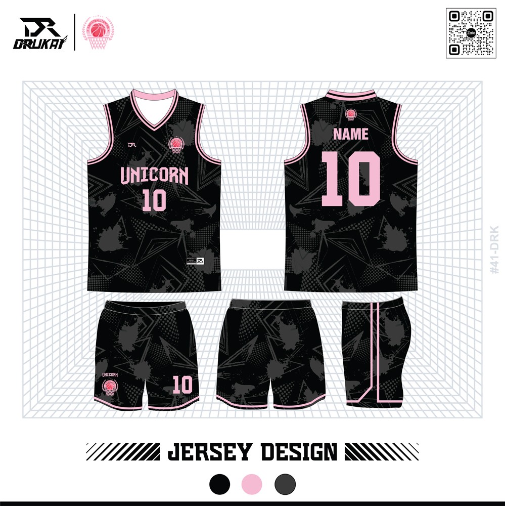 Jersey bóng rổ đen phối hồng pastel kiểu dáng thể thao