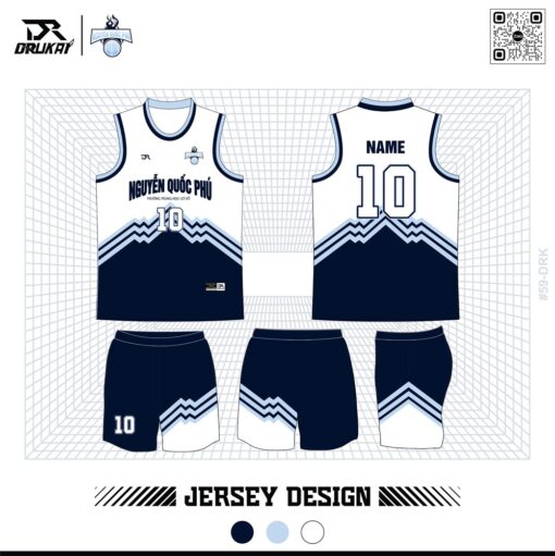 Jersey Bóng Rổ Xanh Navy Trắng – Thiết Kế Dãy Núi Hình Học Mạnh Mẽ