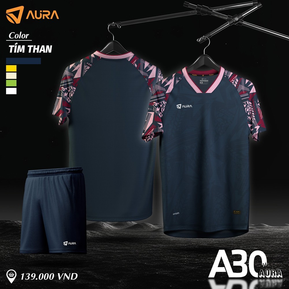 Bộ đồ thể thao AURA A30 màu tím than phối tay họa tiết ấn tượng