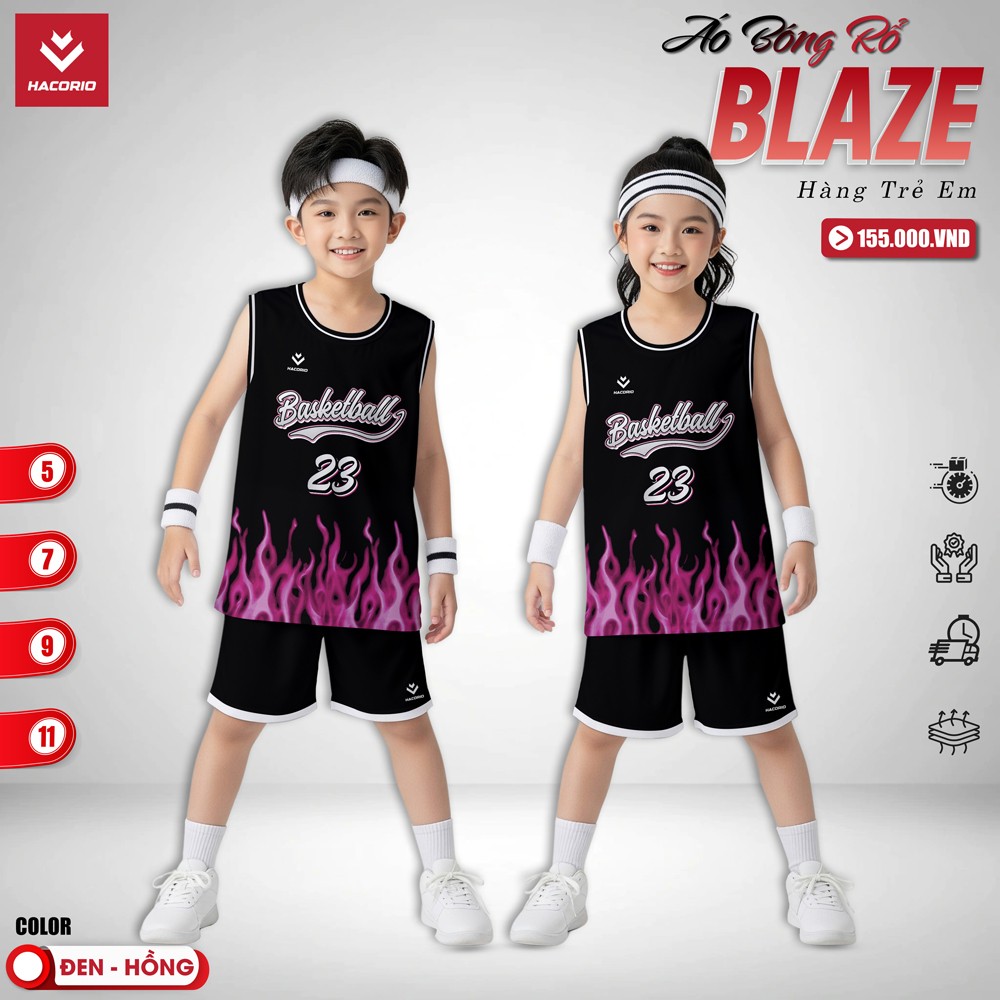 Bộ đồ bóng rổ trẻ em Hacorio BLAZE màu Đen Hồng