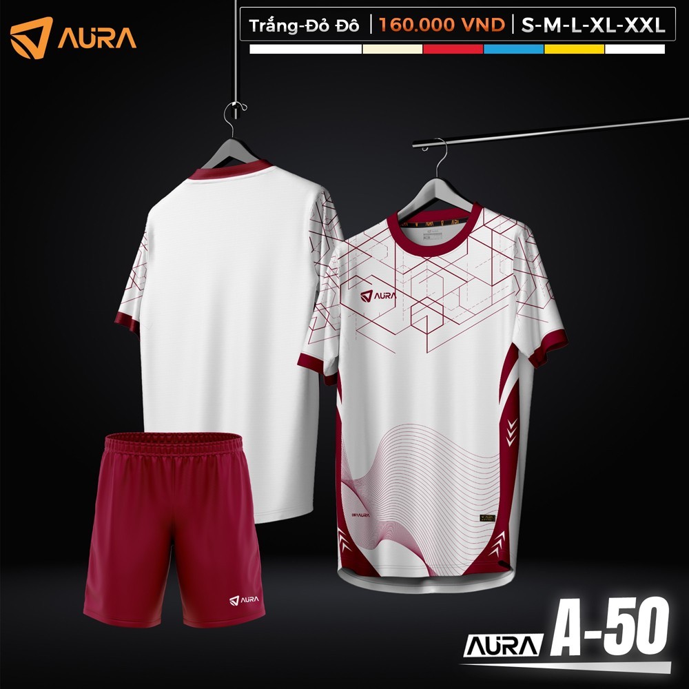 Áo bóng đá AURA A-50 màu trắng đỏ đô – Thiết kế hiện đại, chất liệu thoáng mát, tôn dáng mạnh mẽ