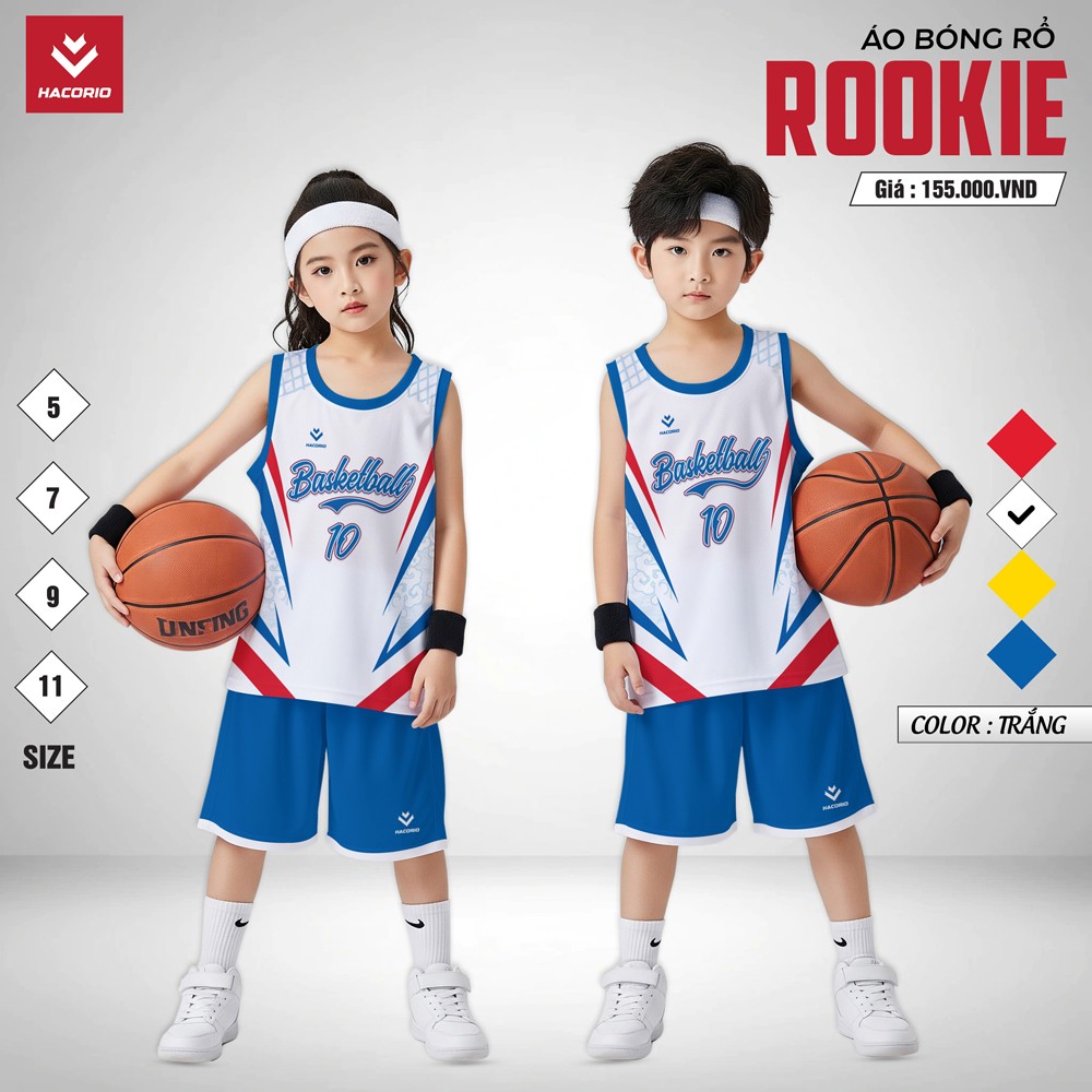 Áo bóng rổ Rookie trắng cho trẻ em thiết kế năng động