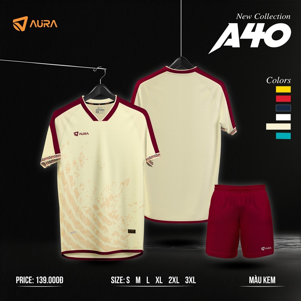 Bộ đồ thể thao AURA A40 màu kem phối đỏ booc-đô