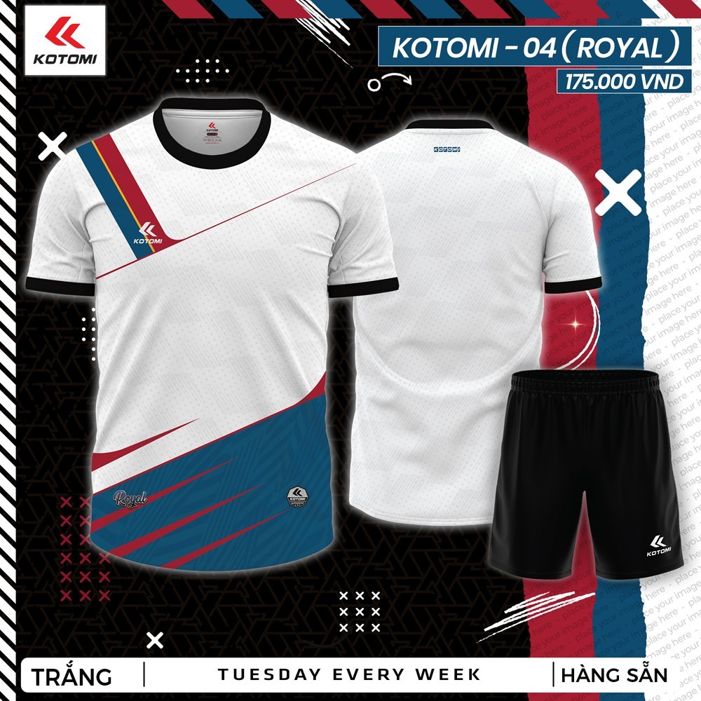 Áo thể thao Kotomi 04 màu trắng phối xanh royal - thiết kế chuyên nghiệp cho tập luyện và thi đấu