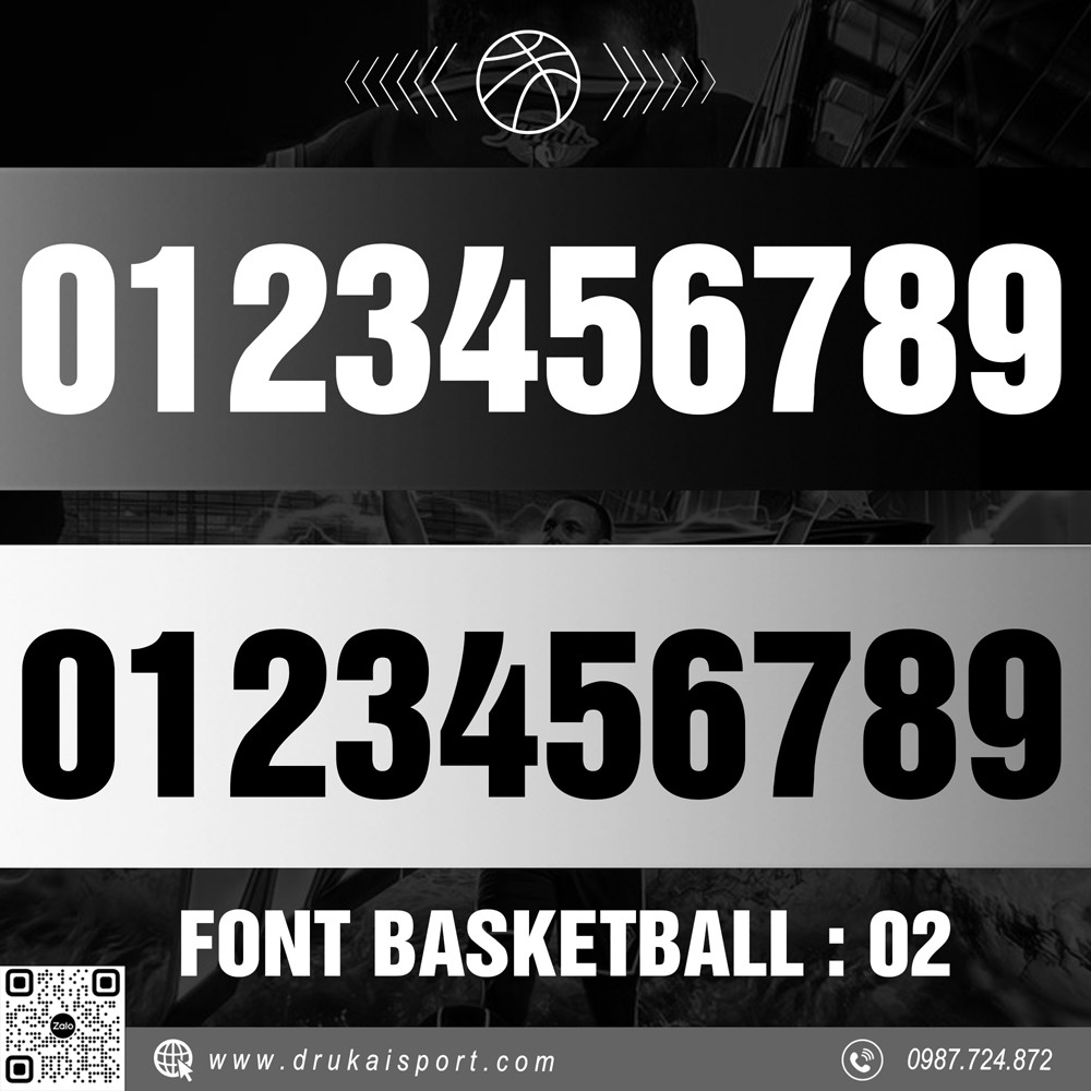 Font số áo bóng rổ 02 màu đen trắng xám tương phản mạnh, dễ nhận diện