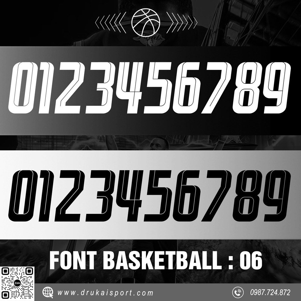 Font Basketball 06 màu đen trắng xám cho trang phục thể thao bóng rổ