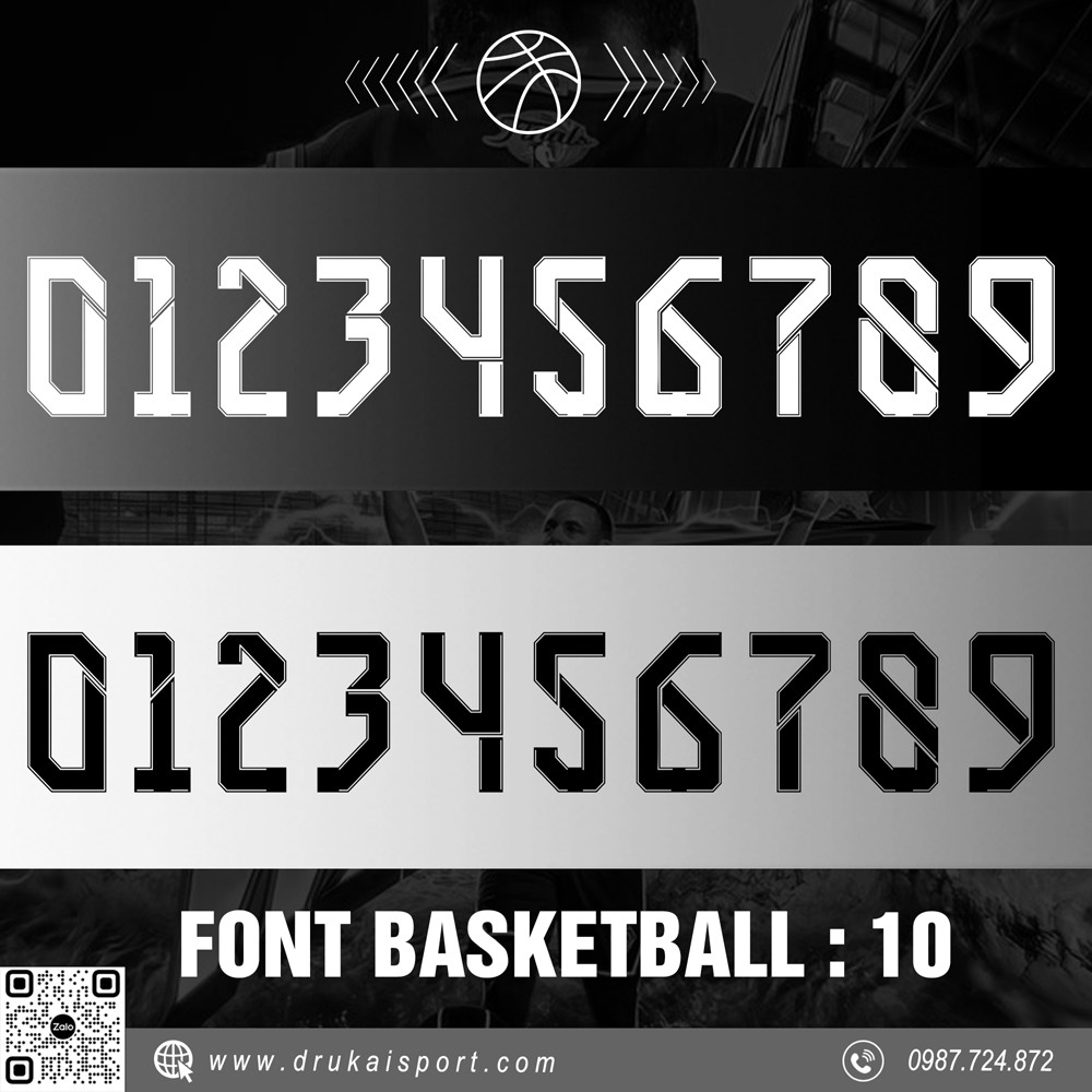 Font số thể thao Basketball 10 phối màu đen trắng xám