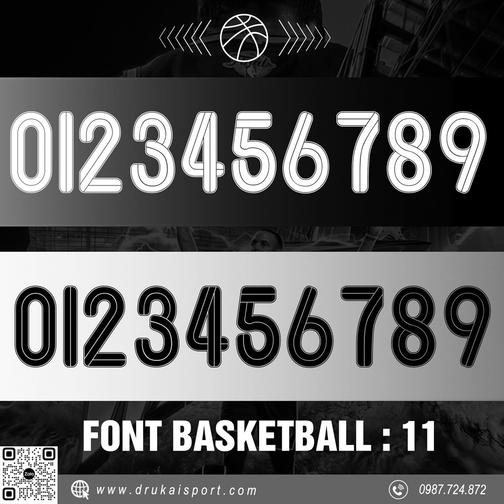 Font chữ số thể thao Basketball 11 dành cho áo bóng rổ màu trắng đen