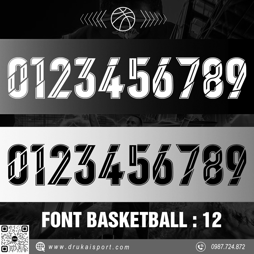 Font số thể thao Basketball 12 tông màu đen trắng xám
