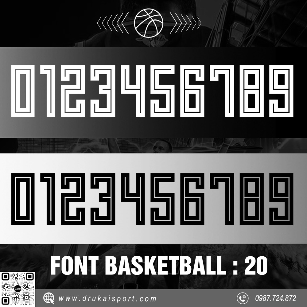 Font số bóng rổ 20 tone màu đen trắng xám phong cách thể thao mạnh mẽ