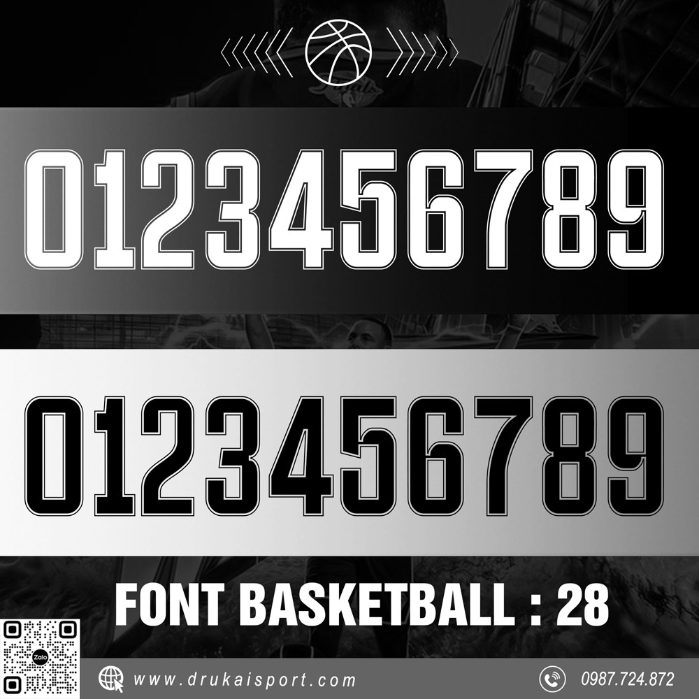 Font số thể thao Basketball 28 tone đen trắng nổi bật