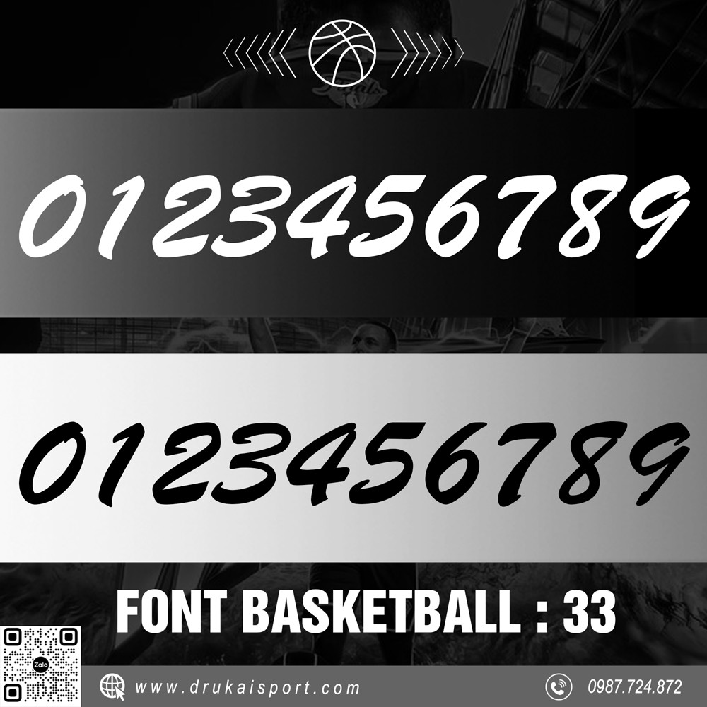 Font số áo bóng rổ Basketball 33 tông trắng đen mạnh mẽ, dễ đọc và chuyên nghiệp