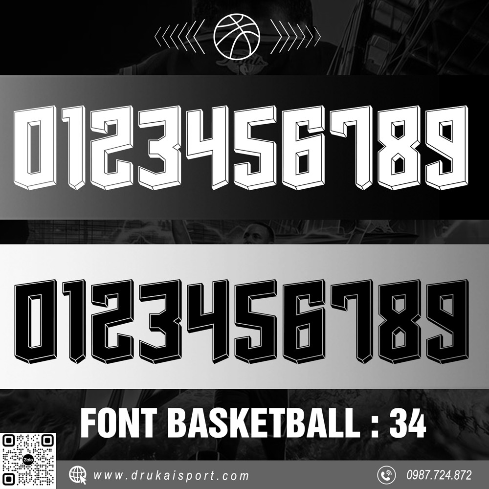 Font số thể thao đen trắng xám cho bóng rổ - thiết kế bold 3D rõ nét