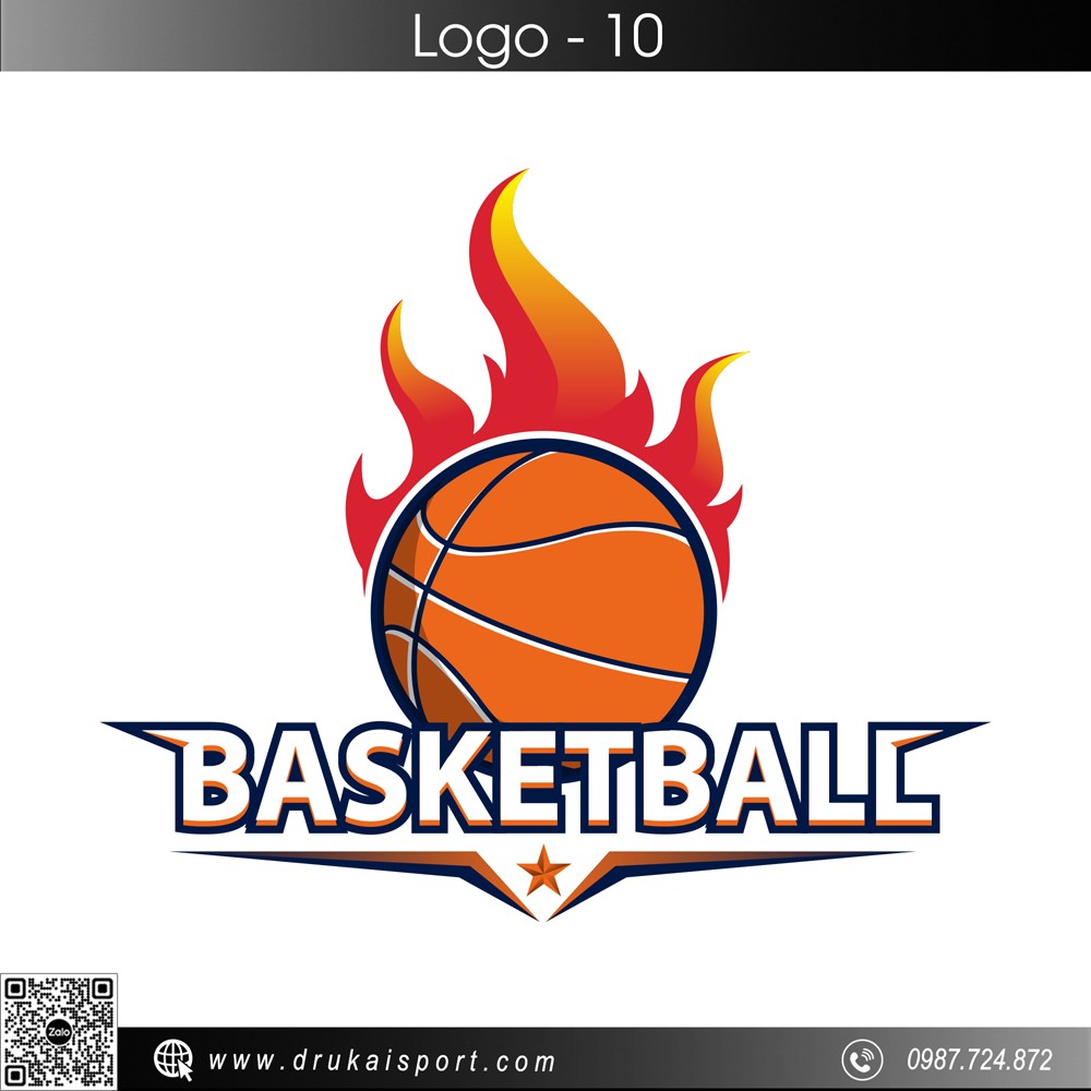 Logo bóng rổ cam lửa chiến thắng với ngọn lửa đỏ rực, sao vàng và chữ xanh trắng nổi bật