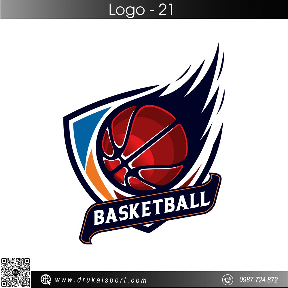 Logo bóng rổ đỏ cam kết hợp ngọn lửa xanh – biểu tượng năng động và mạnh mẽ