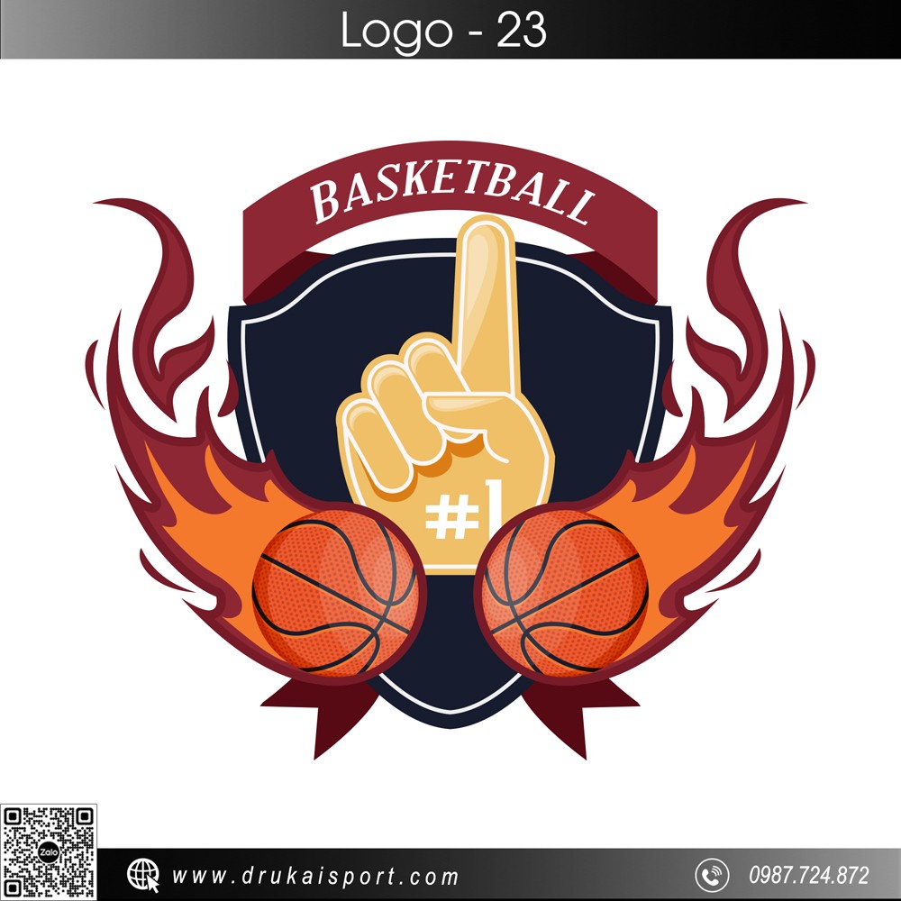 Logo Bóng Rổ #23 màu đỏ cam và xanh navy cùng bàn tay vàng chiến thắng