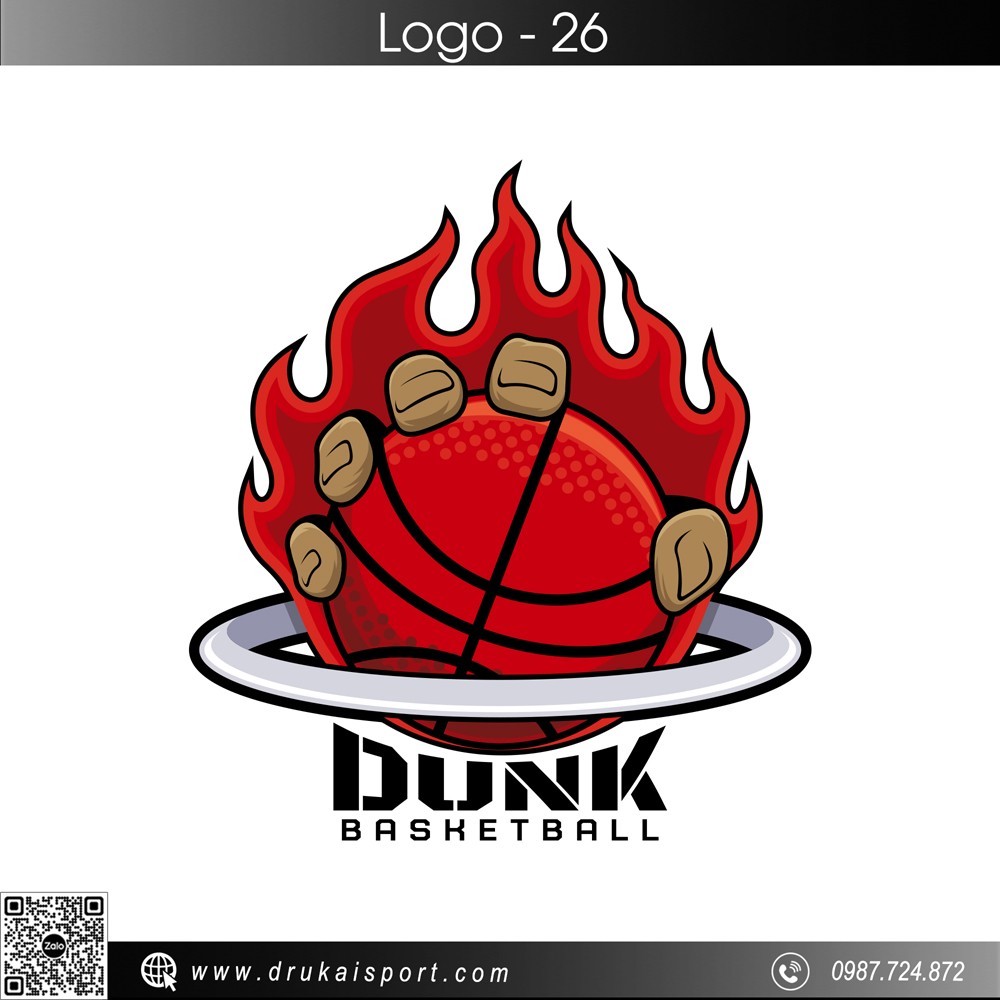 Logo Dunk Basketball nền đỏ chủ đạo, biểu tượng đam mê bóng rổ mạnh mẽ