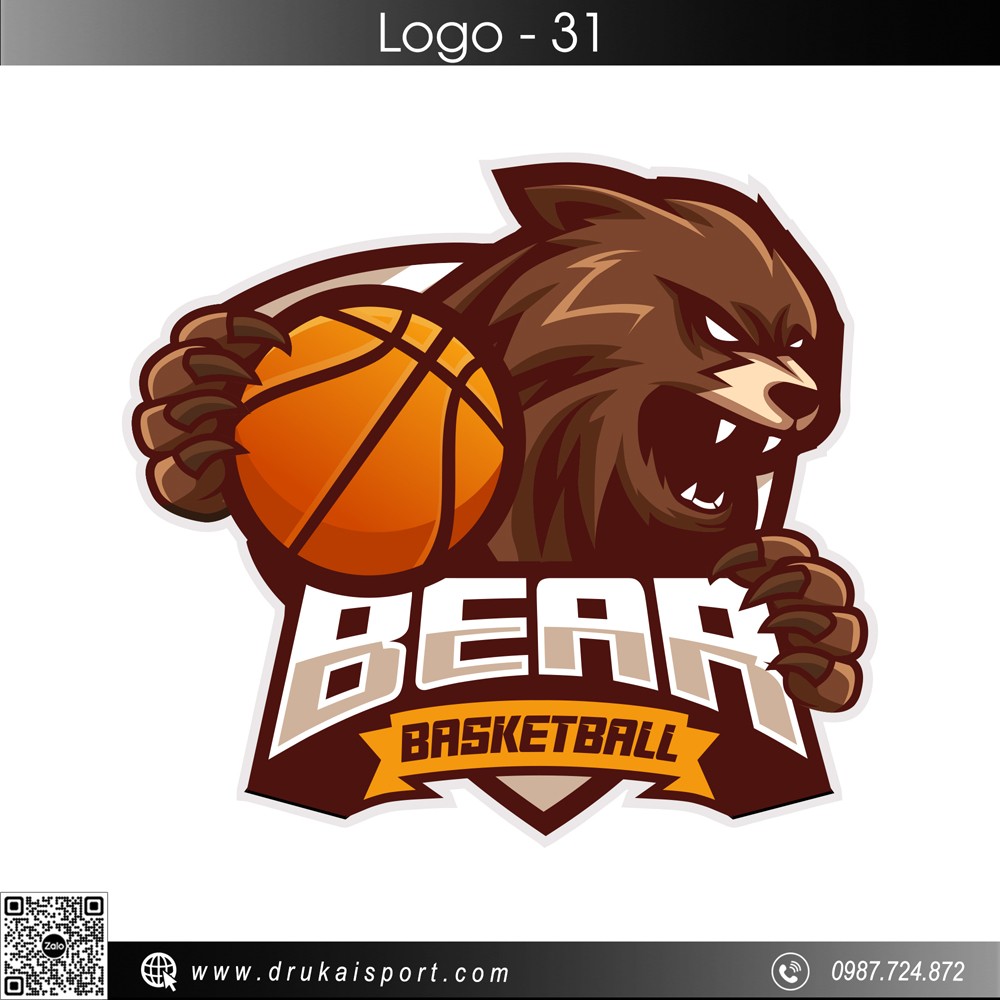 Logo Bear Basketball với sắc nâu mạnh mẽ và điểm nhấn cam vàng, phong cách thể thao hoang dã