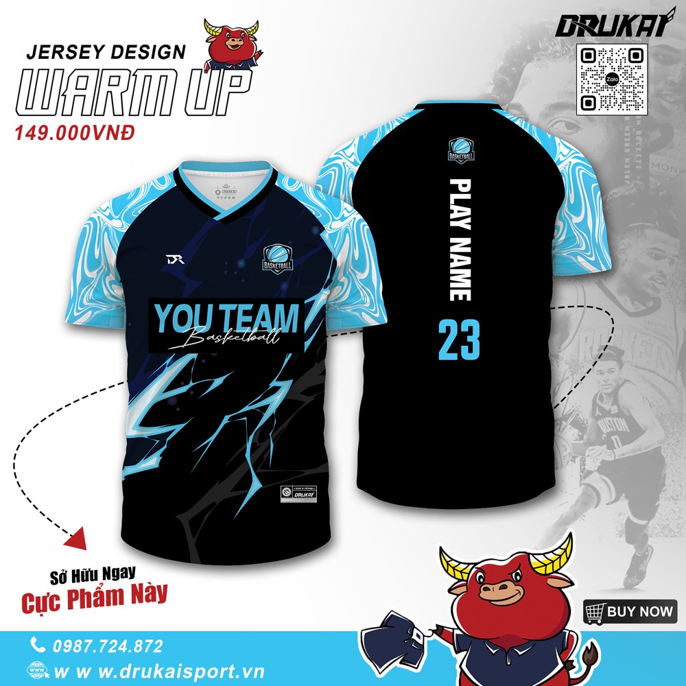 Áo bóng rổ Warm Up màu đen lightning xanh dương Drukai