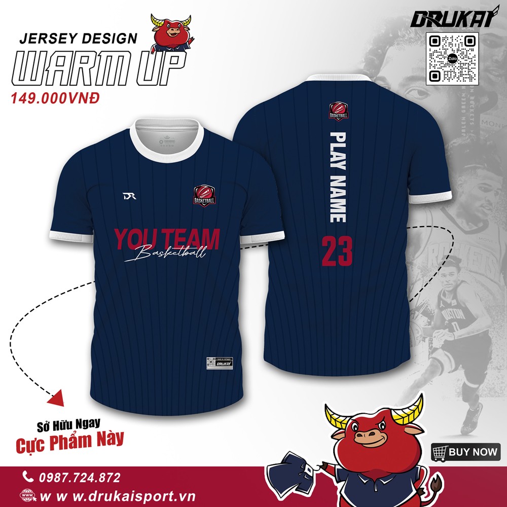 Áo Jersey Bóng Rổ WARM UP màu xanh navy phối trắng đỏ