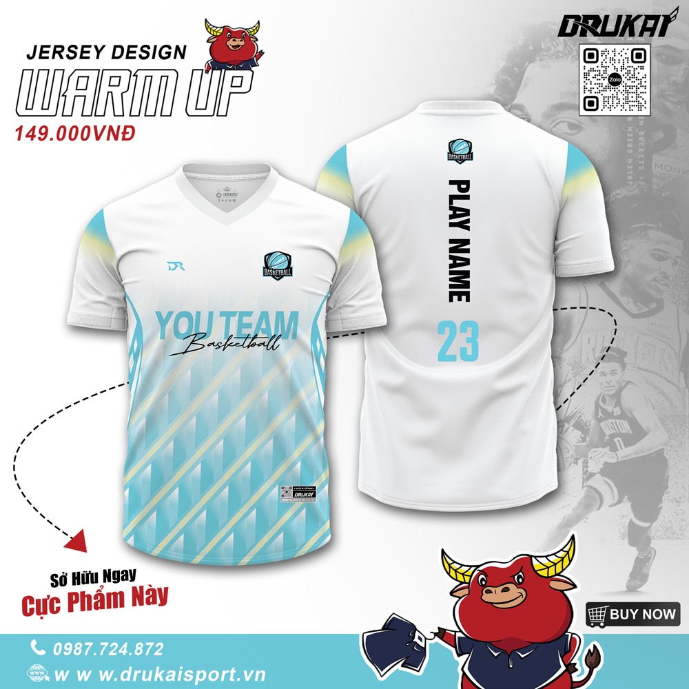 Áo jersey thể thao Warm Up màu trắng xanh ngọc - Mẫu 09
