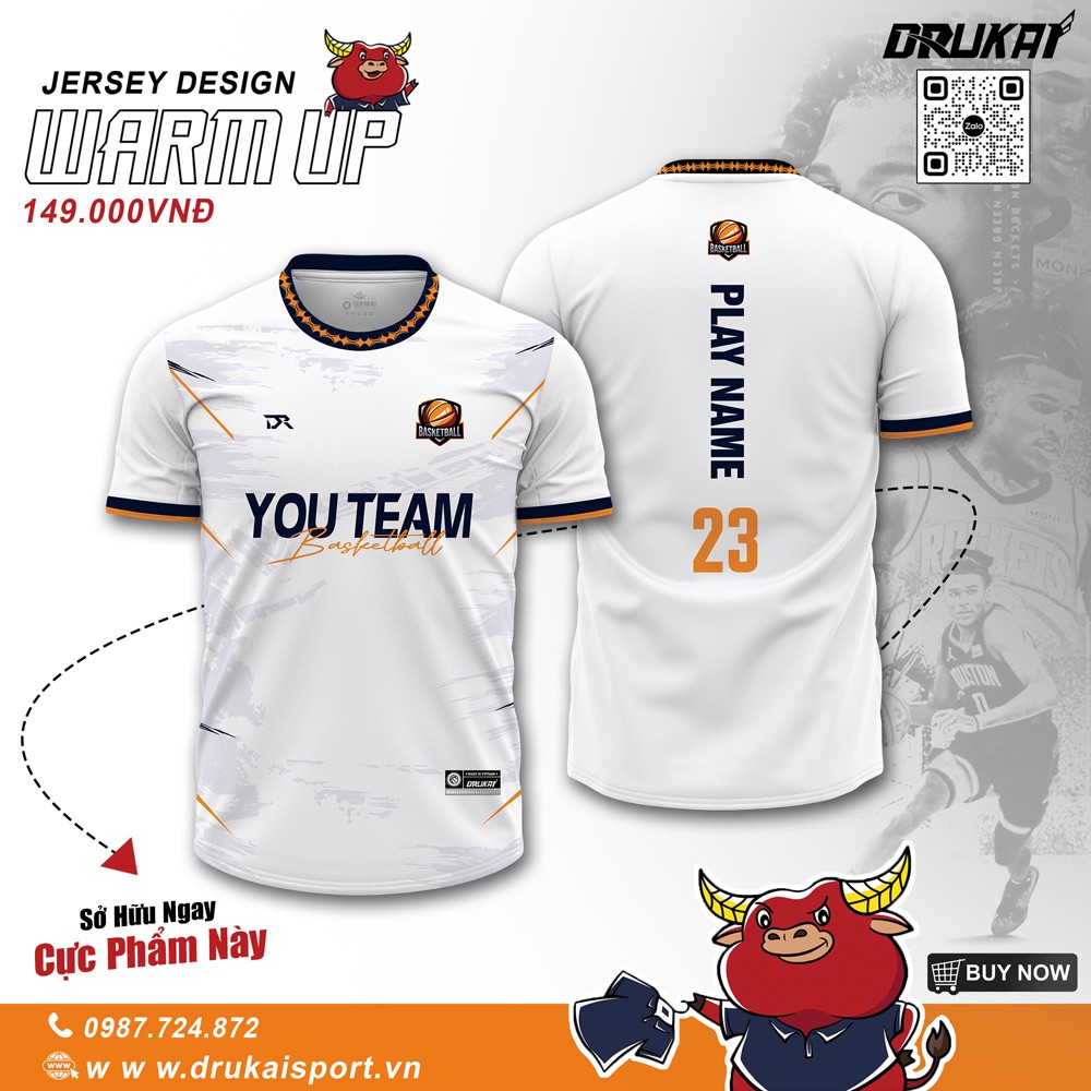 Áo thể thao Warm Up màu trắng với phối màu xanh navy và cam nổi bật