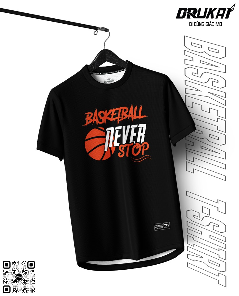 Áo thun thể thao Basketball Never Stop màu đen phối họa tiết cam trắng cá tính