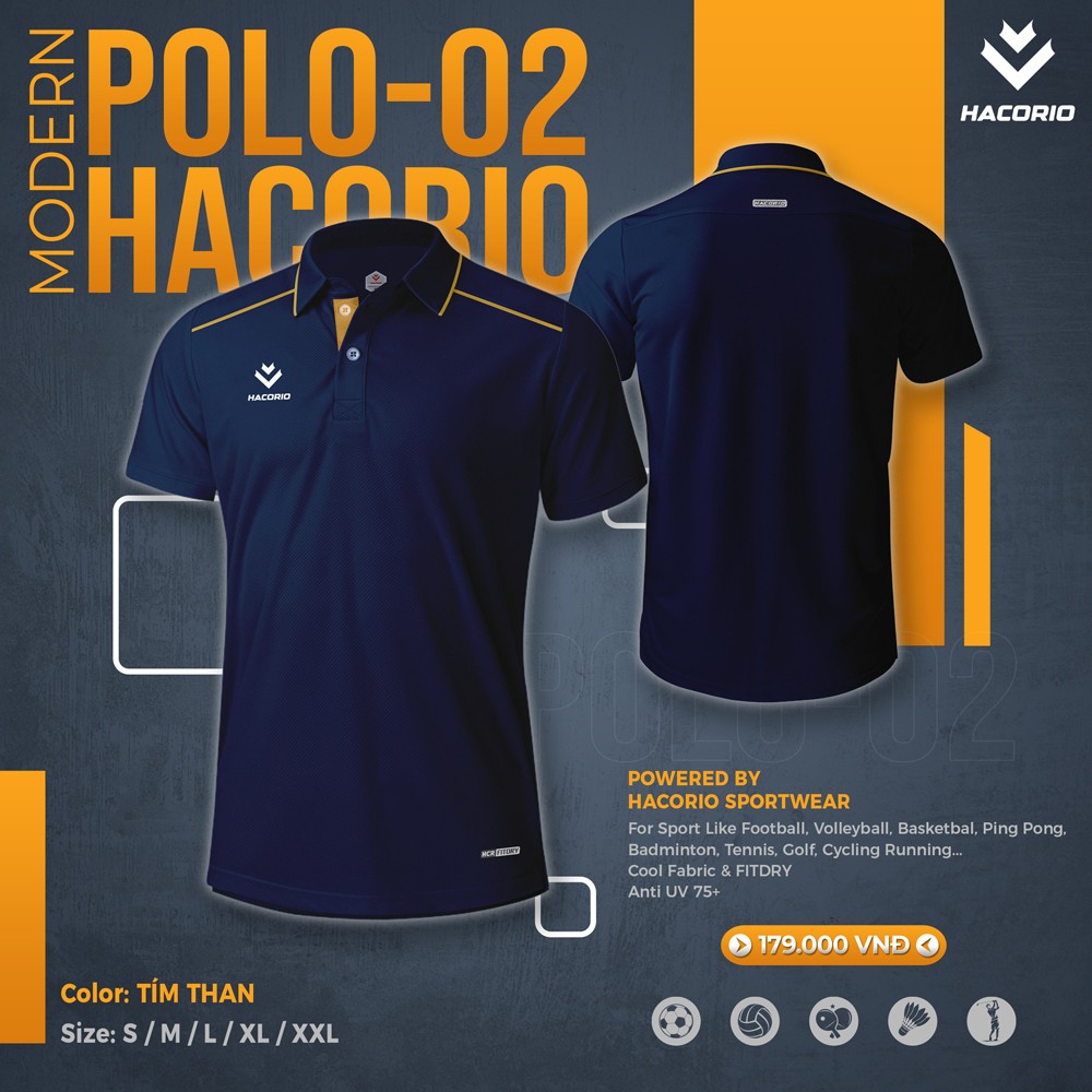 Áo Polo Nam Hacorio POLO-02 màu tím than phối viền vàng, chất liệu co giãn, hút ẩm tốt