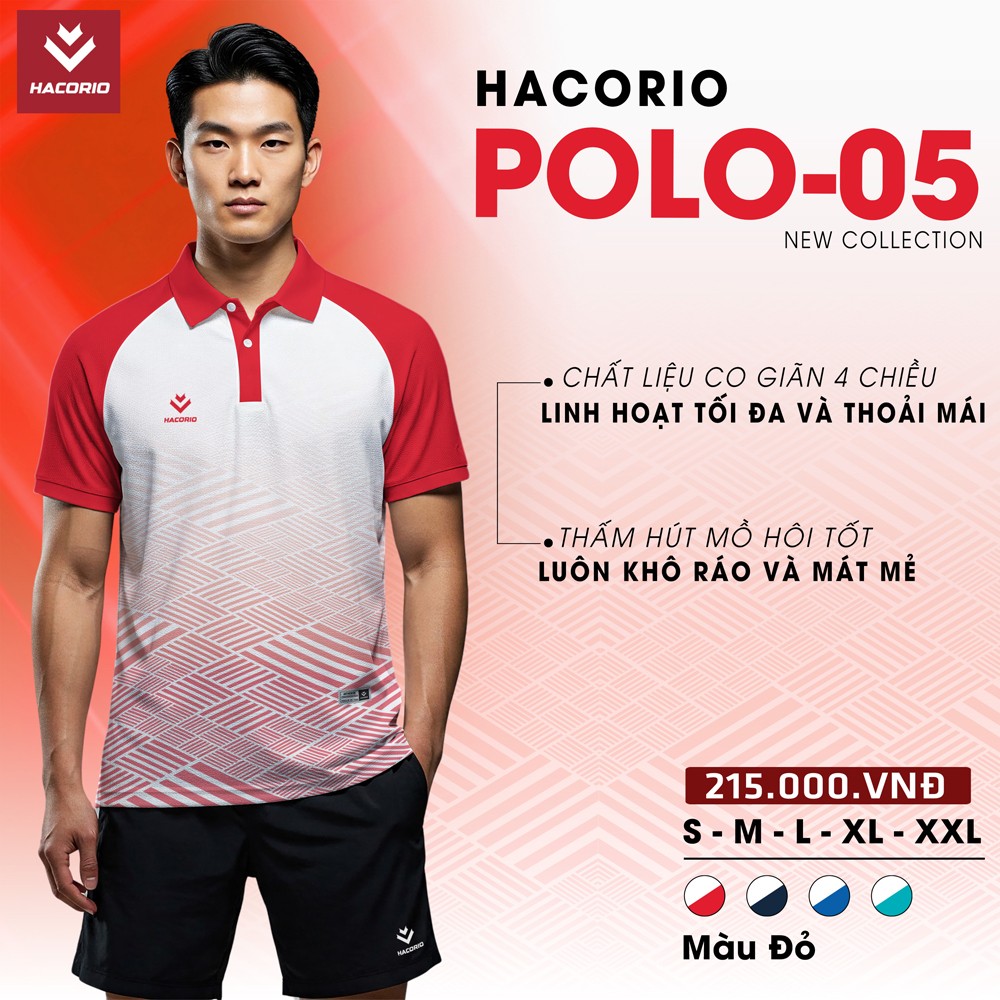 Áo thun thể thao Polo HACORIO POLO-05 màu đỏ trắng năng động