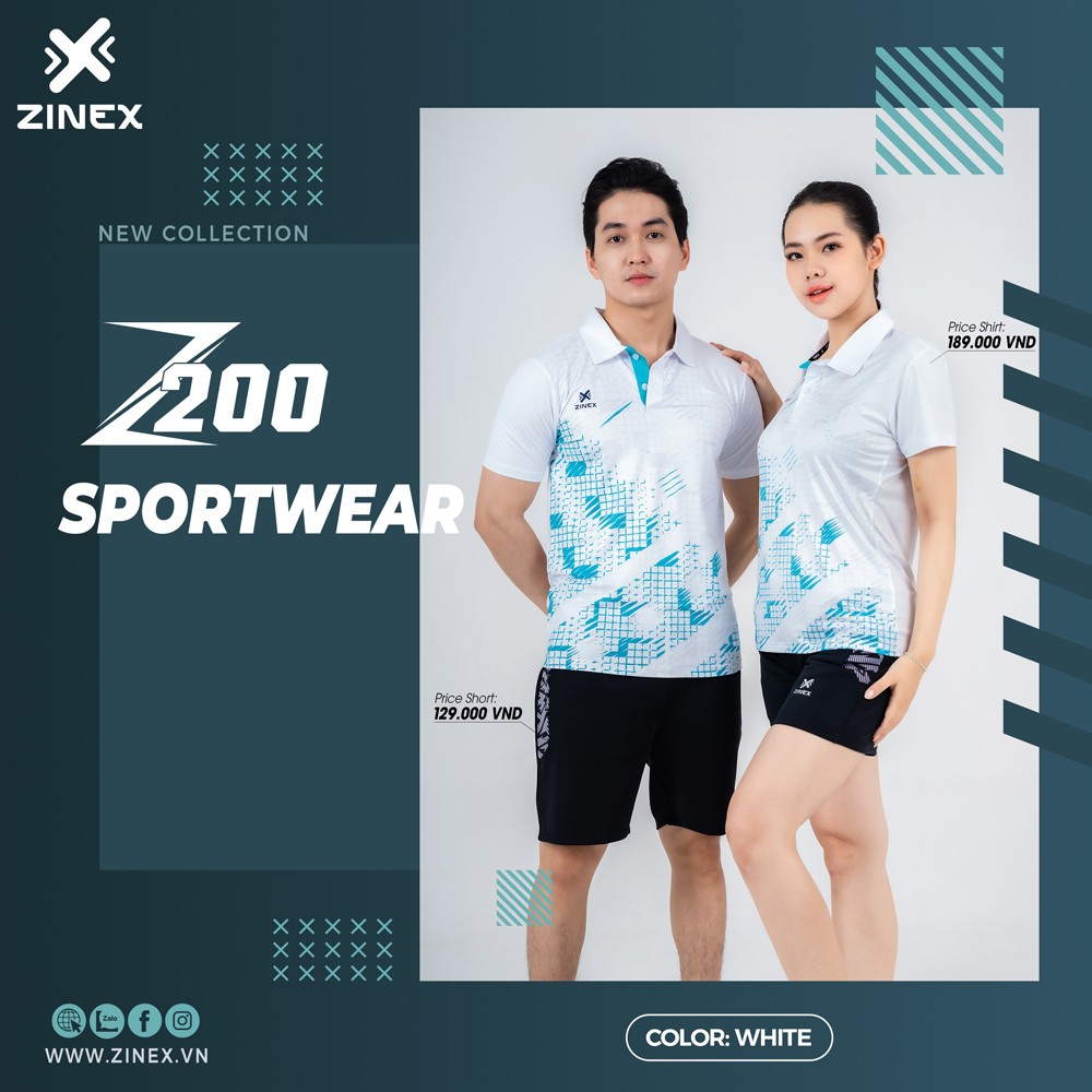 Áo cầu lông ZINEX Z200 màu trắng với họa tiết xanh pastel năng động