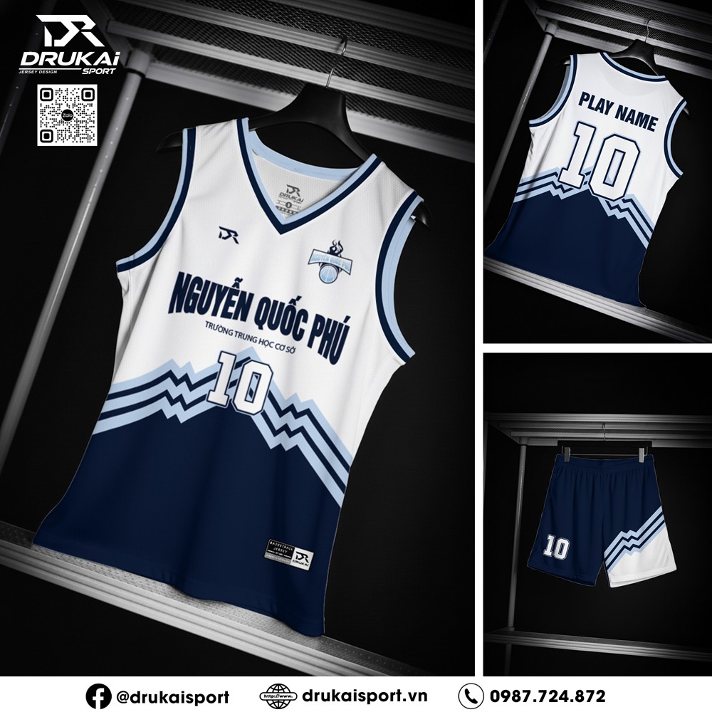 Jersey Bóng Rổ Xanh Navy Trắng – Thiết Kế Dãy Núi Hình Học Mạnh Mẽ - Ảnh 2