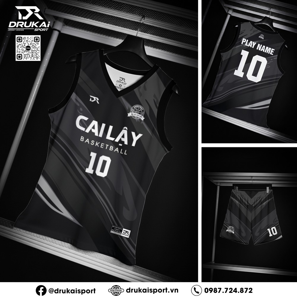 Đồng phục bóng rổ màu đen họa tiết xám trắng mạnh mẽ hiện đại - Ảnh 2
