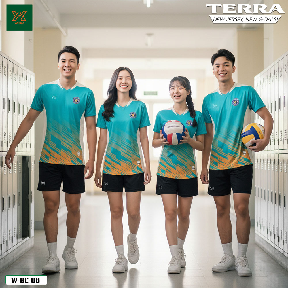 Áo bóng chuyền nữ W-BC-08 màu xanh ngọc phối cam vàng
