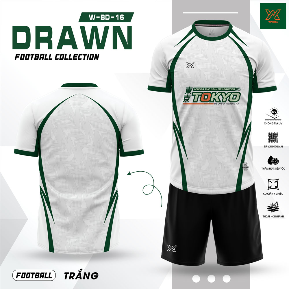 Áo bóng đá nam trắng viền xanh lá – TOKYO đậm chất thể thao