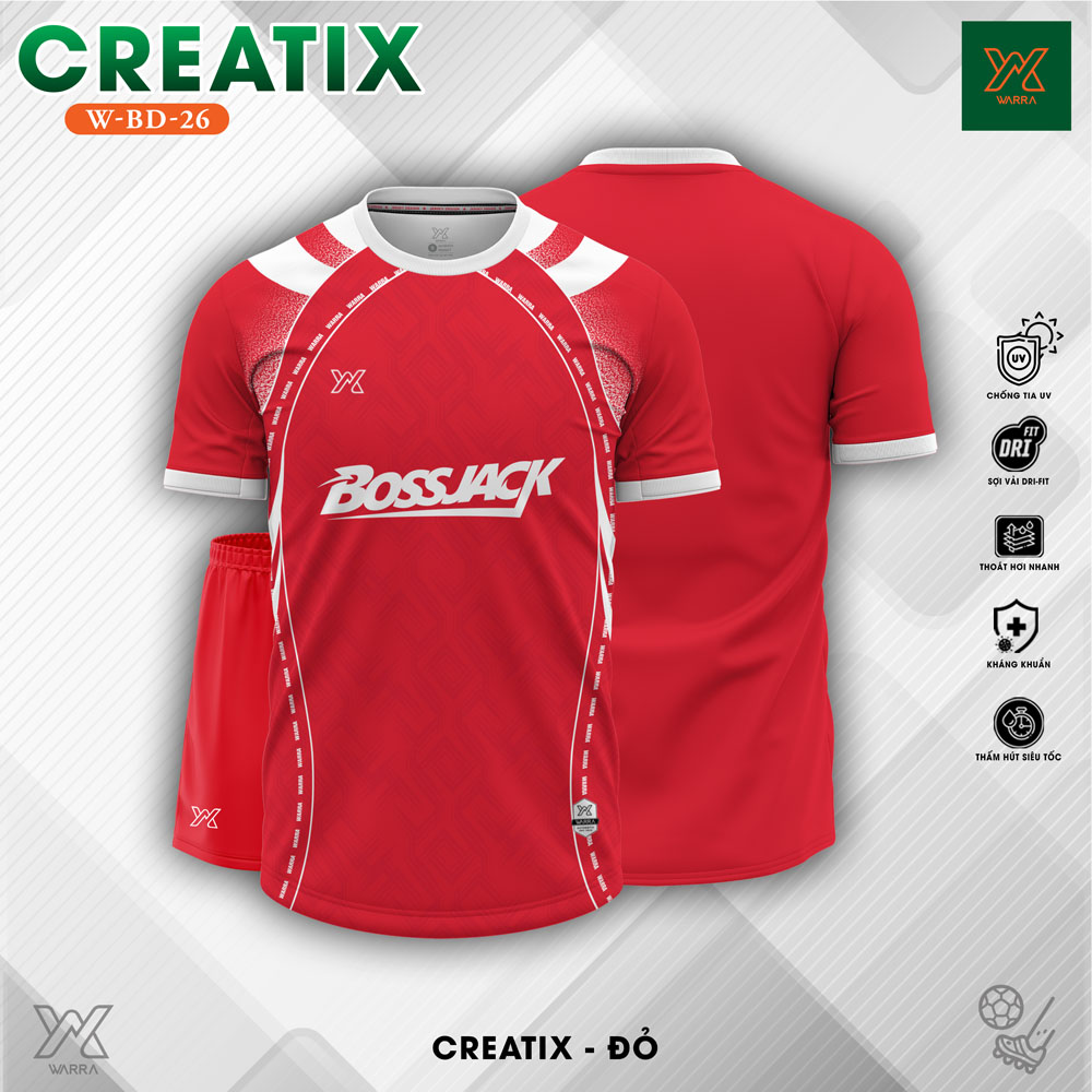 Áo bóng đá nam đỏ tươi phối trắng W-BD-26 công nghệ DRI-FIT, chống UV, thoáng khí