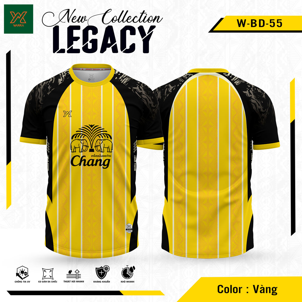 Áo Bóng Đá W-BD-55 màu vàng phối đen với họa tiết sọc trắng và hoa văn sang trọng từ bộ sưu tập LEGACY