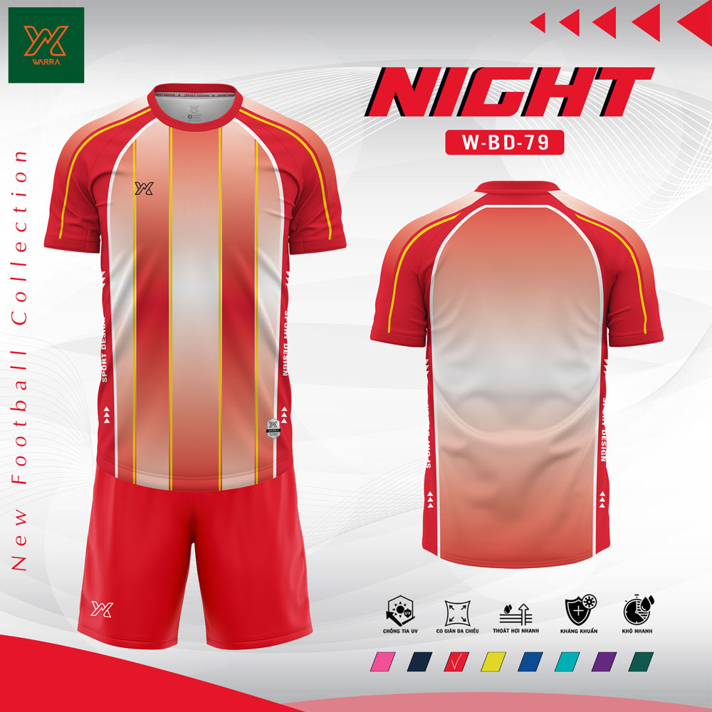 Đồng phục bóng đá nam W-BD-79 màu đỏ chuyển sắc với sọc vàng nổi bật