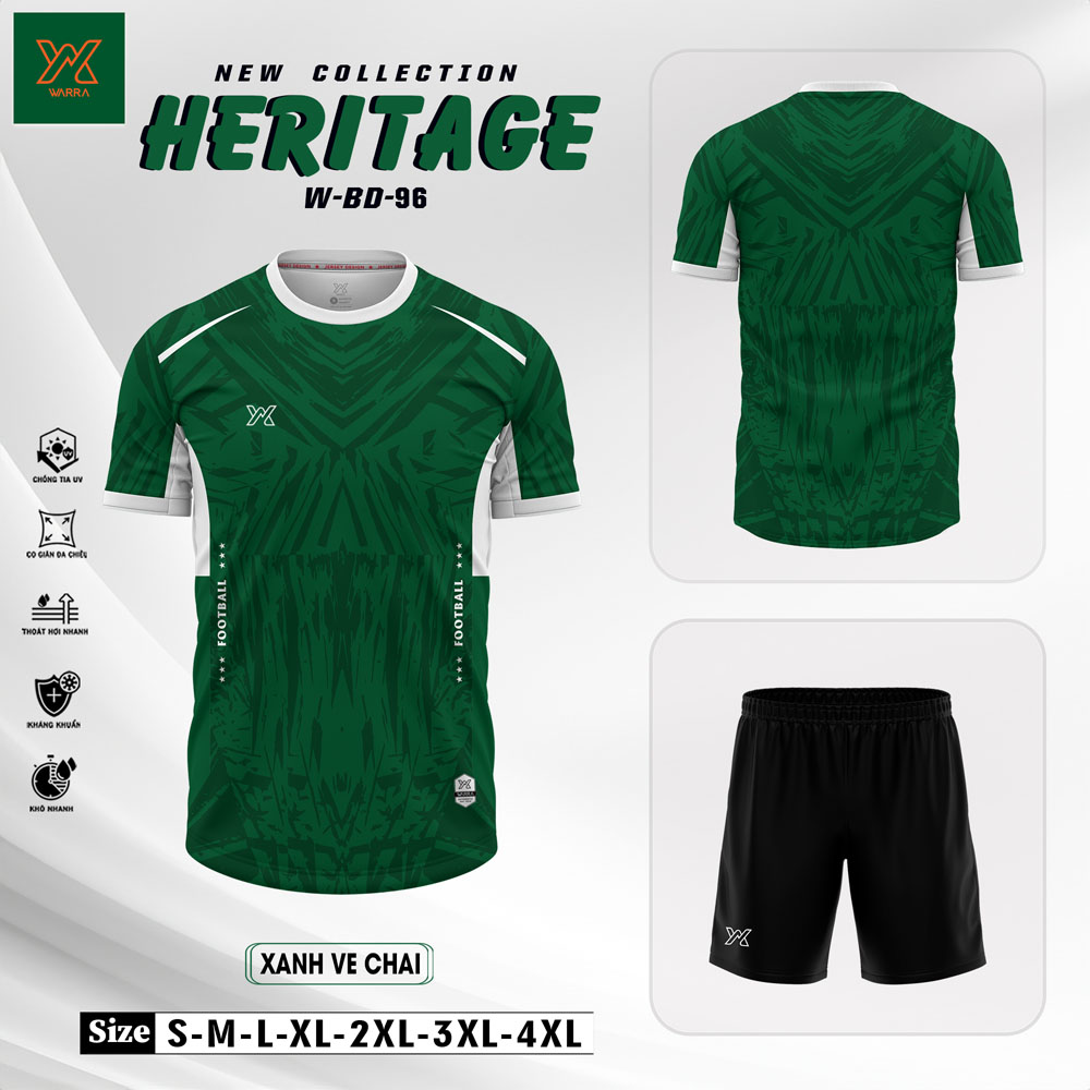 Áo bóng đá Heritage W-BD-96 màu xanh ve chai phối trắng xám, quần đen truyền thống