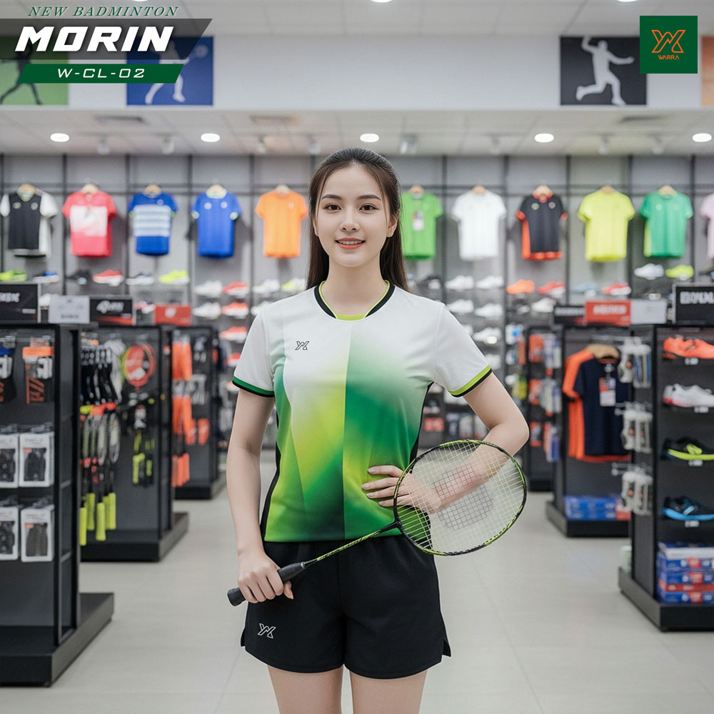 Áo cầu lông nữ trắng xanh W-CL-02 với thiết kế gradient năng động, chất liệu thoáng khí