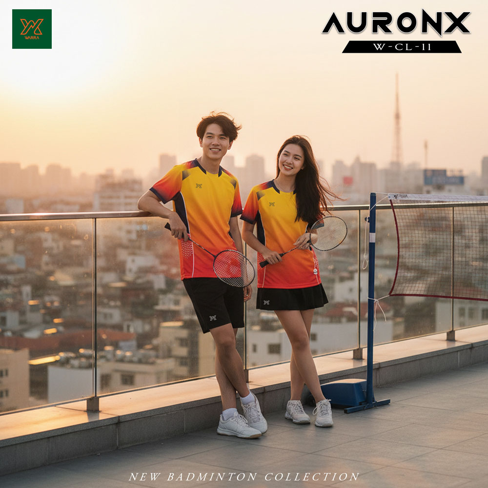 Áo cầu lông AURONX W-CL-11 màu đỏ cam phối vàng xanh navy