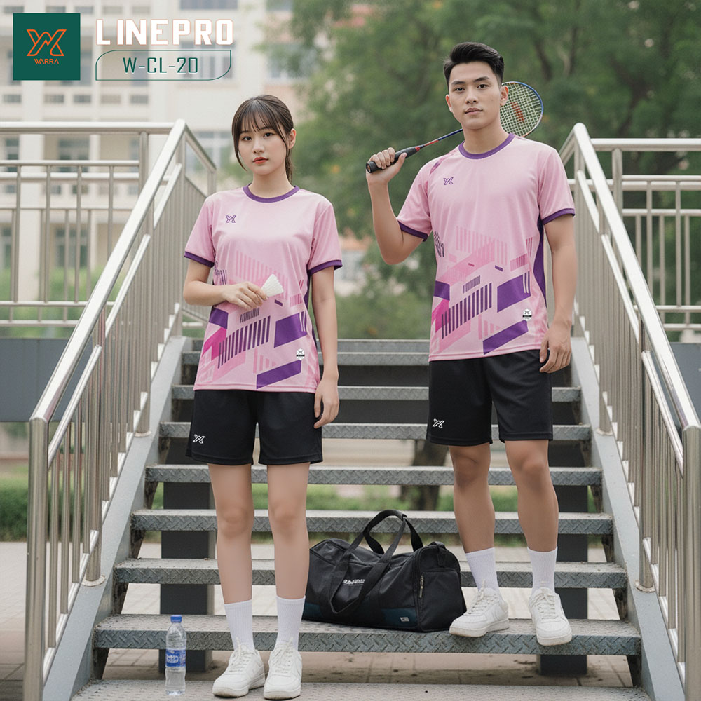 Áo cầu lông nữ W-CL-20 màu hồng pastel phối tím đậm thiết kế unisex