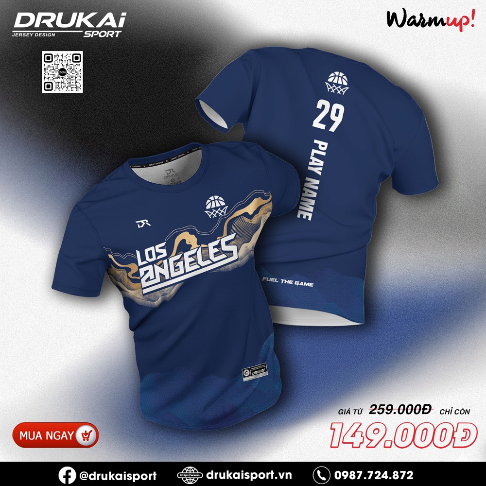 Áo thể thao xanh navy họa tiết sóng và chữ trắng LOS ANGELES